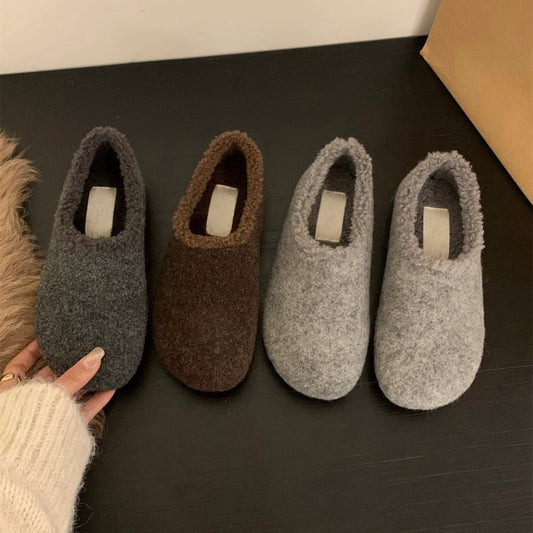 2025 Flat-bottomed autumn and winter velvet Birkenstocks, fluffy shoes, cotton shoes, women's shoes popular new retro suede loafers