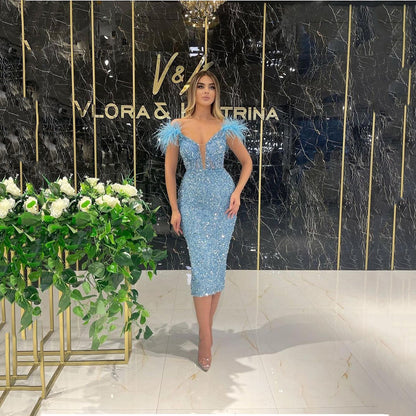 2025 New spring and summer new 2025 women's clothing deep V sequins sexy evening dress feather sequins sleeveless dress long dress