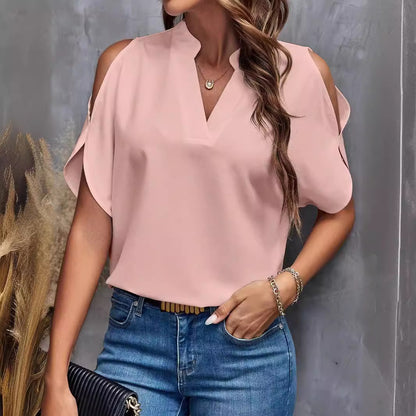 2025 tiktoktemu  women's clothing  summer new V-neck temperament fashion off-the-shoulder sleeve women's top