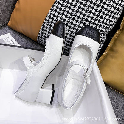 2025 Cowhide version~ High-heeled new Xiaoxiangfeng Mary Jane shoes for women's leather thick heel one-word buckle black and white color matching single shoes for women