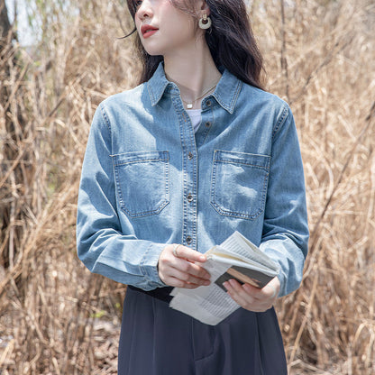 Blue retro denim shirt jacket women's spring dress front shoulder top design sense niche small man stacked shirt autumn