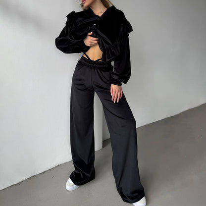 2025 High-end new retro velvet ruffle edge fashion suit women's  new loose and lazy temperament two-piece set