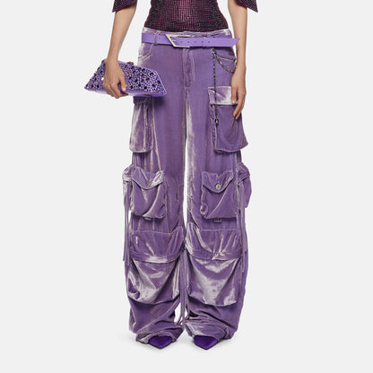 2025 spring new fashion design sense splicing pocket decorative design sense high waist velvet pants straight overalls