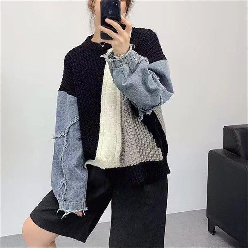 jinran 2024 fall fashion trends Denim Stitching Twist New Sweater Women's Spring and Autumn Pullover Top Slimming Temperament Loose Sweater Women's Clothing