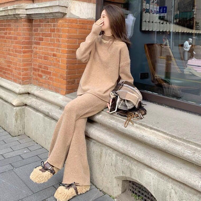 jinran mini uggs outfit Knitted Sweater Suit Women's Autumn and Winter New Style Fried Street Western Style Internet Celebrity Fashion Temperament Wide-Leg Pants Two-Piece Set