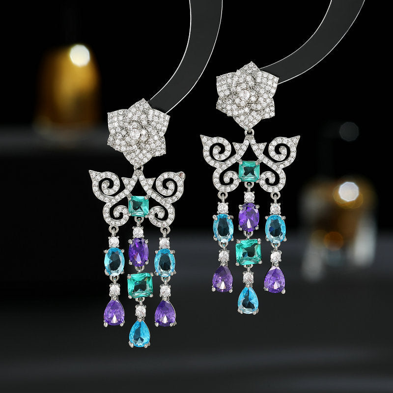 2025 Light luxury high-end dress banquet bride earrings camellia hollow butterfly pattern zircon water drop fringed earrings