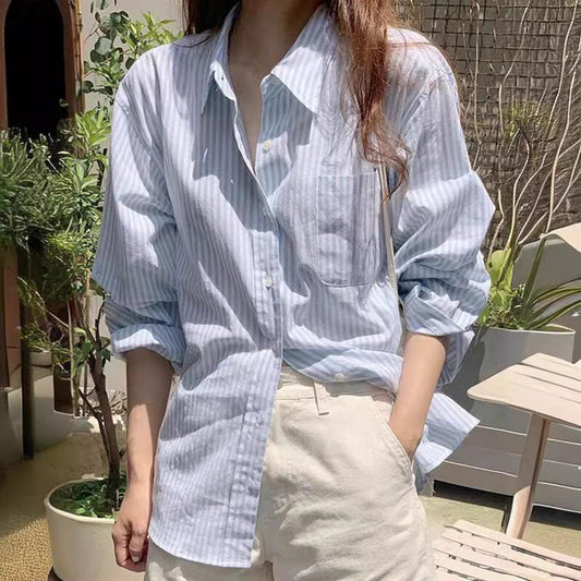 jinran Fall Outfits Blue Striped Boyfriend Style Shirt for Women 2024 New Spring Korean Style Long Sleeve Loose Slimming Casual Shirt