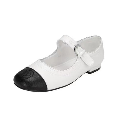2025 Cowhide version~ High-heeled new Xiaoxiangfeng Mary Jane shoes for women's leather thick heel one-word buckle black and white color matching single shoes for women