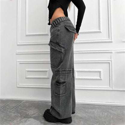 2025 n street style retro multi-pocket design jeans women's spring new Spice Girls old straight pants Popular trade
