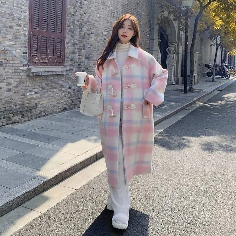 jinran outfit Korean Style College Style Coat Women's Autumn and Winter 2024 New Pink Horn Buckle Woolen Coat Temperament Style Coat