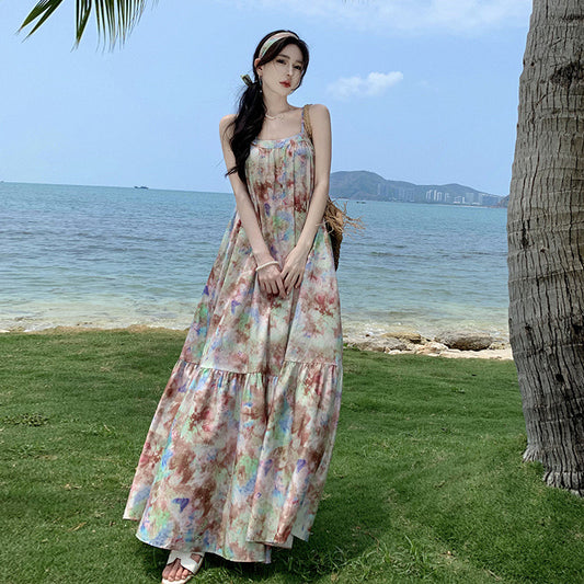 2025 Color Tie-dye suspender dress Long loose holiday dress Seaside atmosphere long dress Erhai photo skirt