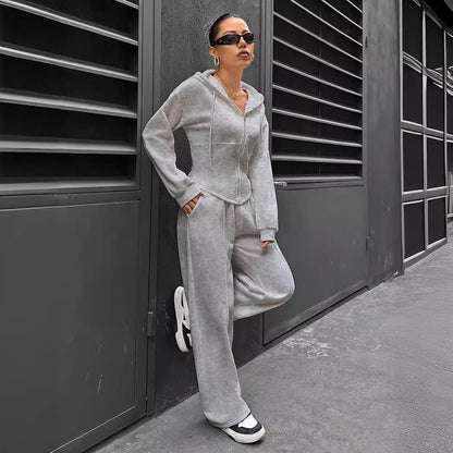 2025 spring and autumn new two-piece set  New trend hooded cardigan slim casual two-piece suit women