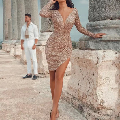 2025 2025 autumn Popular trade new women's clothing wish Dunhuang sexy deep V long sleeve slim pencil dress