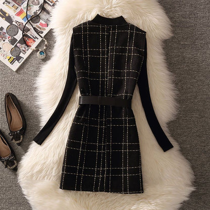 jinran fall outfits 2024 Woolen Dress Women's Fashion Suit Age-Reducing Autumn New Plaid Sling A- line Vest Skirt Knitted Bottoming Shirt