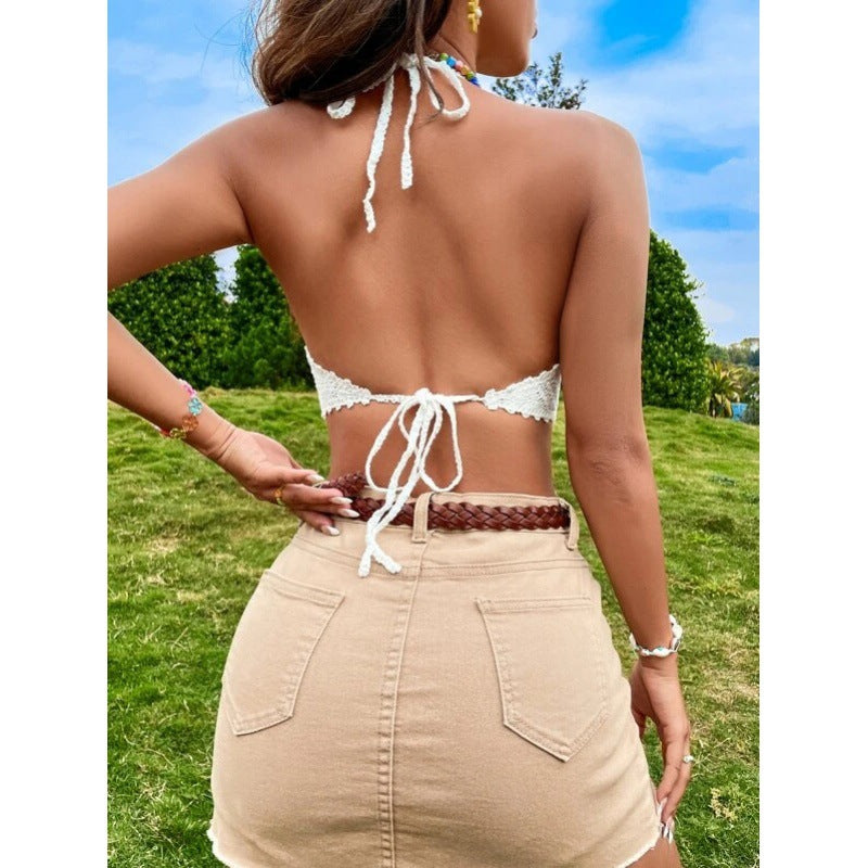 jinran main character mode New EBay Strap Halter Crocheted Hollow-out Vacation Beach Top