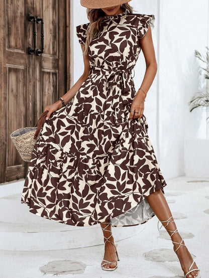 2025 Popular, ,  New women's clothing summer new fashion fungus edge flying sleeves lace-up printed fairy skirt