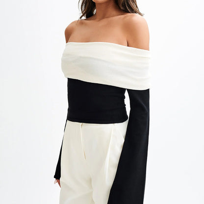 New 's new knitted top women's clothing one-word shoulder design temperament off-the-shoulder slim sweater women