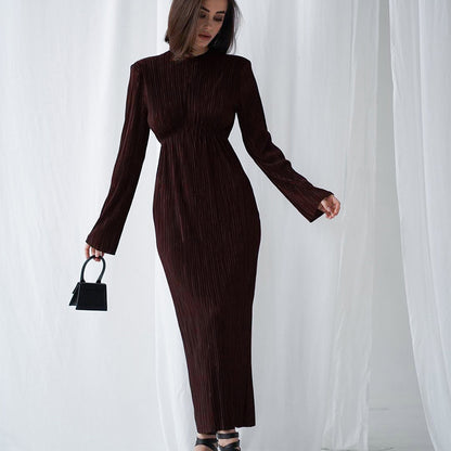 2025 spring  long dress round neck hollow sexy temperament dress backless slim long sleeve pleated dress women