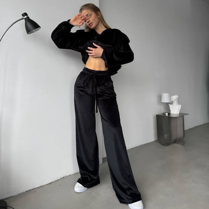 2025 High-end new retro velvet ruffle edge fashion suit women's  new loose and lazy temperament two-piece set