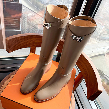 2025 Cowhide version~ Grape mother same 2025 autumn and winter new pointed thick heel knight boots commuting medium and high boots women