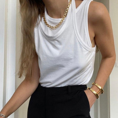 2025 new commuter trend irregular fake two-piece sling vest women's round neck inner top T-shirt women's trend