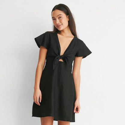 2025 summer new Feifei sleeve cotton and linen commuter dress bow V-neck hollow slim-fitting waist A-shaped skirt women