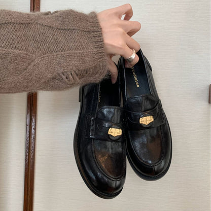2025 Cowhide version~ Xingshengda shoes make old horse leather retro polished small gold coins thick heel loafers women's small leather shoes