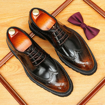 2025 [ Exclusive] Thick-soled glossy leather shoes men's British engraved Brock pointed head heightening business formal men's shoes