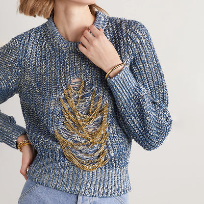 2025 Temperament Personality Heavy Industry Knitted Top  Spring New Crew Neck Long Sleeve Hollow Thick Chain Decorative Sweater Women