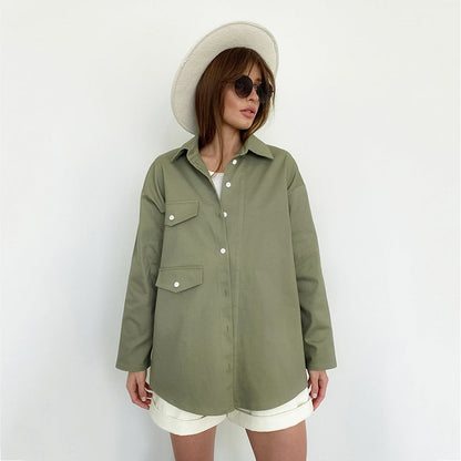 jinran social worker outfits New American Retro Green Workwear Shirt Women's Design Loose Long Sleeve Shirt Cardigan Jacket Coat