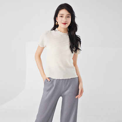 2025 Women's hot-selling short-sleeved T-shirt summer temperament semi-turtleneck slim-fitting and thin commuting simple versatile pleated top