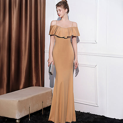2025 Evening dress women's light luxury high sense one word shoulder slim and thin temperament celebrity banquet long fishtail dress