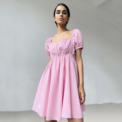 2025 summer  short-sleeved short skirt women's collar hollow bow temperament pure cotton bubble sleeve dress women's clothing