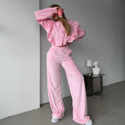 2025 High-end new retro velvet ruffle edge fashion suit women's  new loose and lazy temperament two-piece set