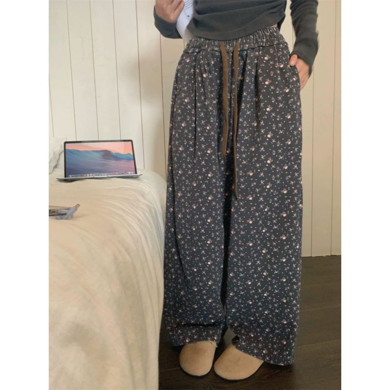 jinran teacher outfits American Retro Korean Style Floral Casual Jeans for Women 2024 New Elastic High Waist Loose Slimming Wide Leg Pants