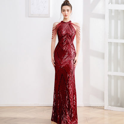 2025 High-end evening dress dress female fishtail champagne high-end texture celebrity fairy banquet temperament light luxury niche host