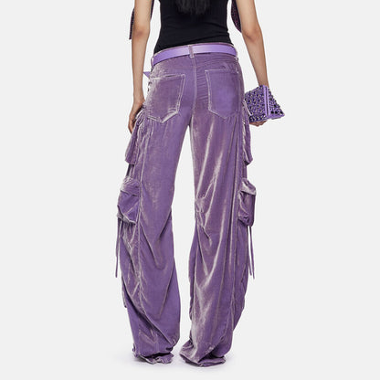 2025 spring new fashion design sense splicing pocket decorative design sense high waist velvet pants straight overalls