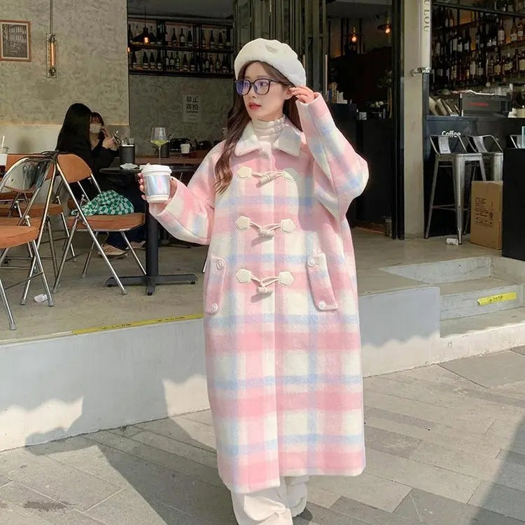 jinran outfit Korean Style College Style Coat Women's Autumn and Winter 2024 New Pink Horn Buckle Woolen Coat Temperament Style Coat