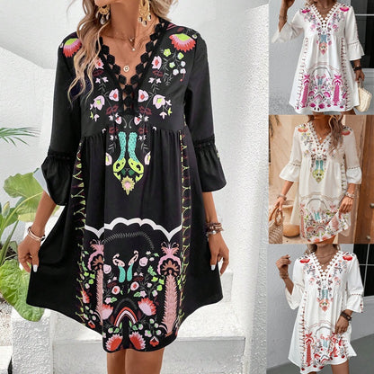 2025 Popular, ,  New women's clothing, summer new V-neck lace splicing casual versatile printed dress