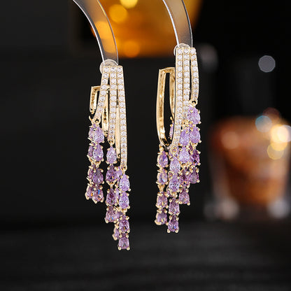2025 S925 silver needle zircon inlaid dinner dress wedding bride earrings trendy light luxury premium feeling water drop fringed earrings
