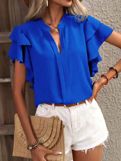 2025 Popular, ,  New women's clothing summer new V-neck casual double-layer lotus leaf sleeves solid color shirt and top