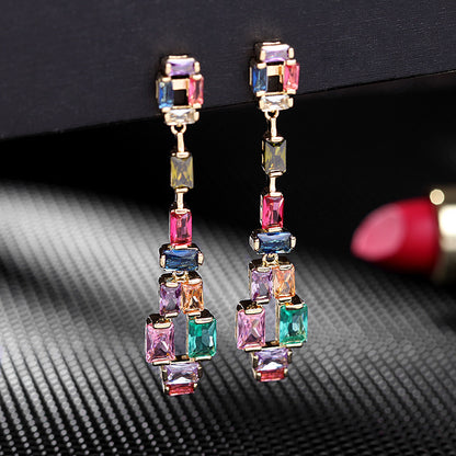2025 Korean design sense contrasting gemstone crystal long S925 silver needle earrings women's micro-inlaid colored zircon geometric earrings