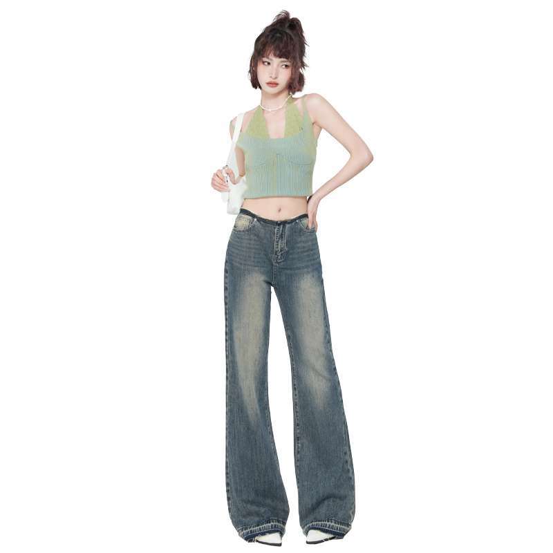 jinran outfit inspo Spring New American Retro Hot Girl Mid-Low Waist Frayed Flared Jeans for Women