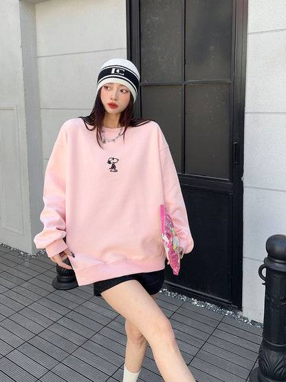 jinran non binary outfits Cartoon Embroidery 2024 Chinese Cotton Composite Milk Silk Korean Ins Style Western Style All-Match Loose Casual Sweater for Women