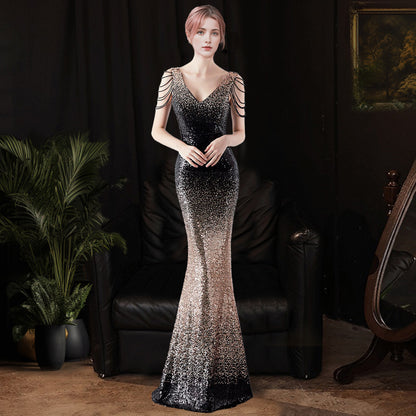 2025 Evening dress women's light luxury dinner dress temperament celebrity banquet high-end sequins fishtail long dress