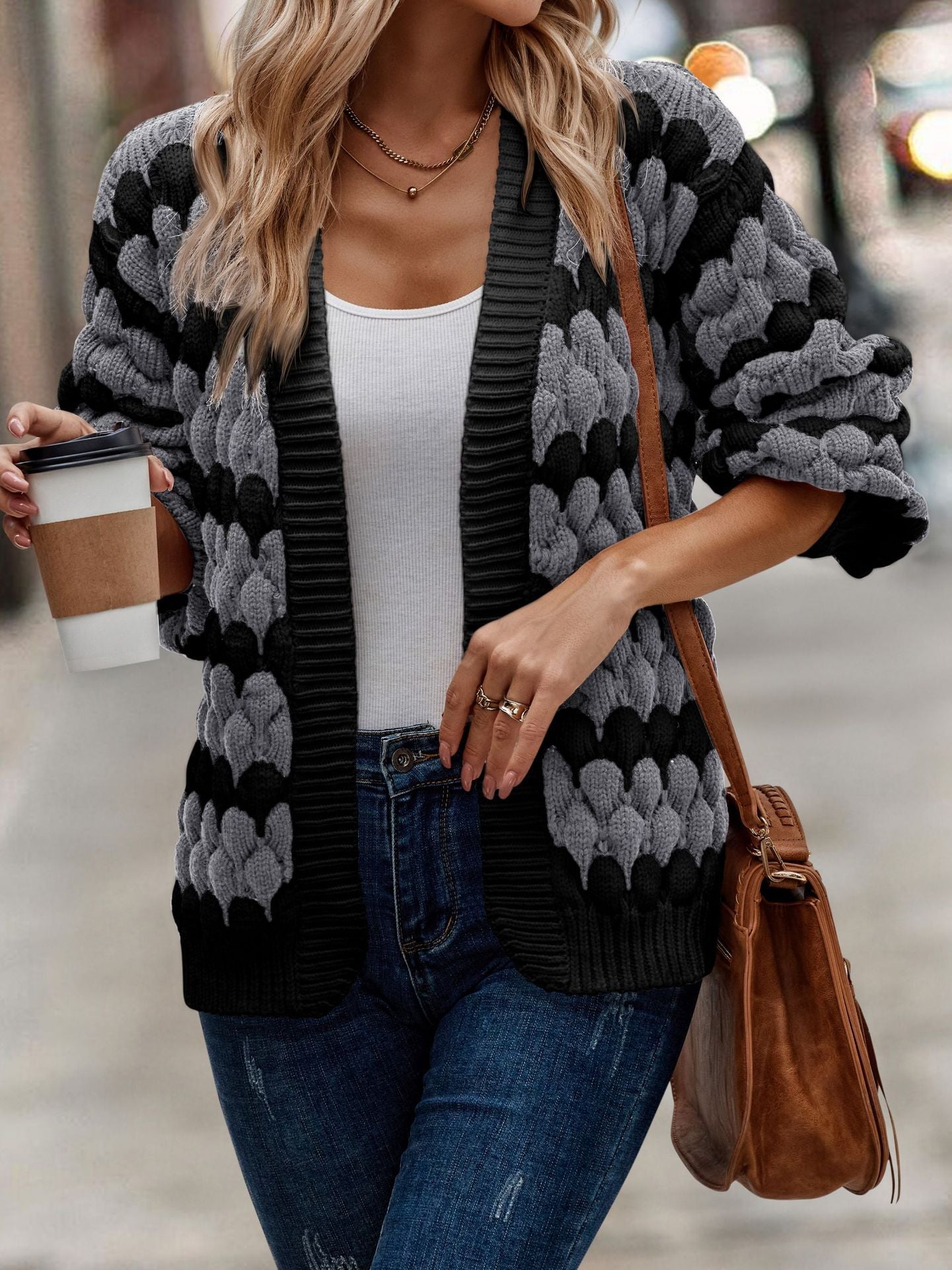 jinran sambas outfits New Autumn and Winter Women's Clothing Contrast Color Knitted Women's Cardigan Sweater