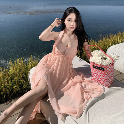 2025 Holiday super fairy long dress dress socialite high sense new neck tube top backless irregular chiffon dress