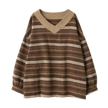 jinran sweater Female Student Korean Style Autumn and Winter New Striped Contrast Color V-neck Lazy Style Pullover Loose High-End Sweater Female