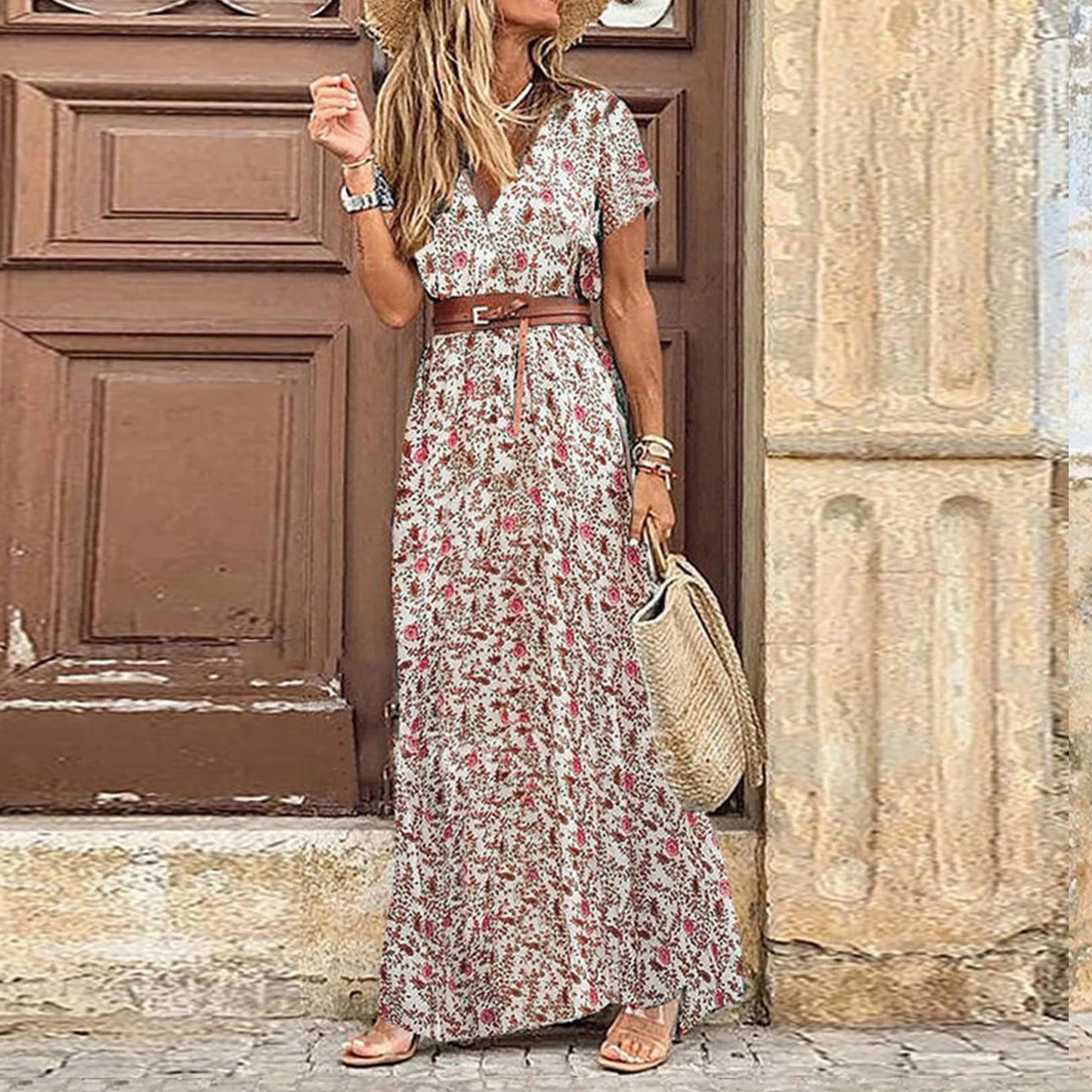 jinran Women Long Chiffon Dress Retro Elegance Short Sleeve A-Line Maxi Dresses Holiday Beach Casual Robe Flower Print Vestido