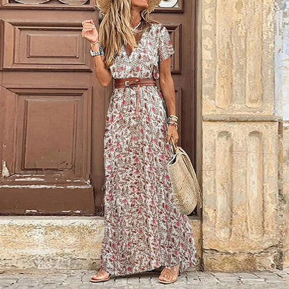 jinran Women Long Chiffon Dress Retro Elegance Short Sleeve A-Line Maxi Dresses Holiday Beach Casual Robe Flower Print Vestido